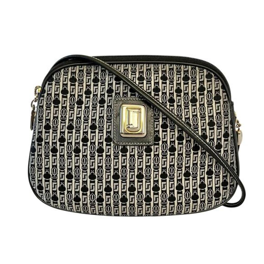 Judith Leiber Vintage Jacquard Logo Black Leather Trim Crossbody Evening Bag